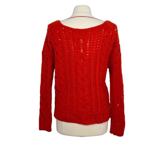 Free People Mohair Blend Wildfire Red Fluff Cable Knit Pullover Sweater Sz XS - Picture 4 of 7